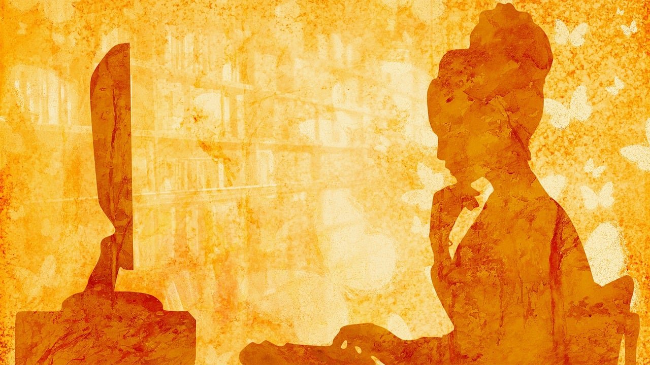 A silhouette of a female librarian with her hair up in a bun sits in front of a computer monitor. One of her hands is on the keyboard and she's resting her chin on her other hand.