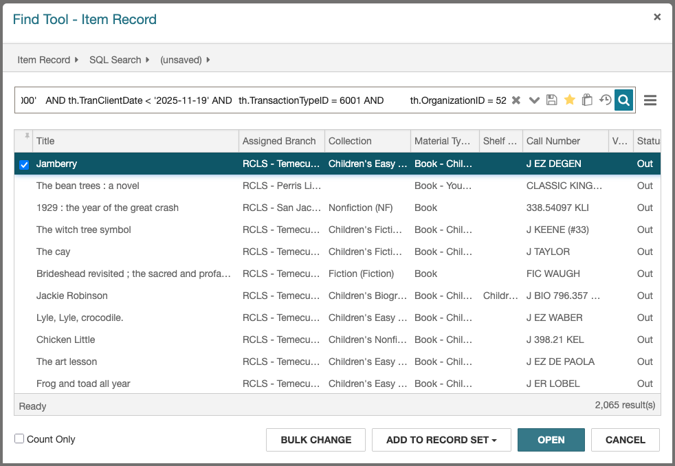 An image of the Leap Find Tool, in which a SQL query has produced a list of 2.065 items. 