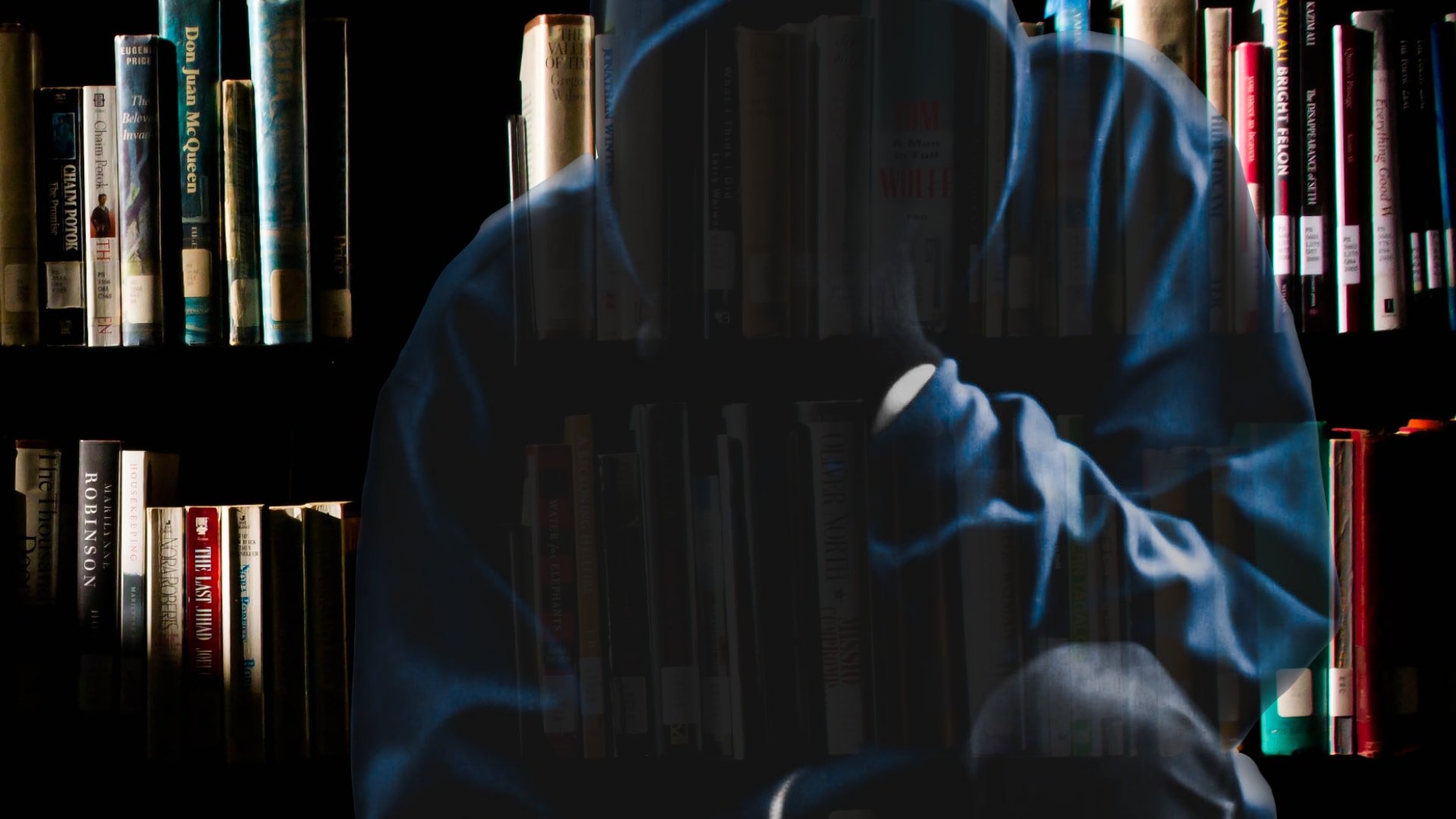 A translucent, shadowy figure with no face and wearing a hoodie squats in front of a shelf of books. The shelf is also crossed by dark shadows.